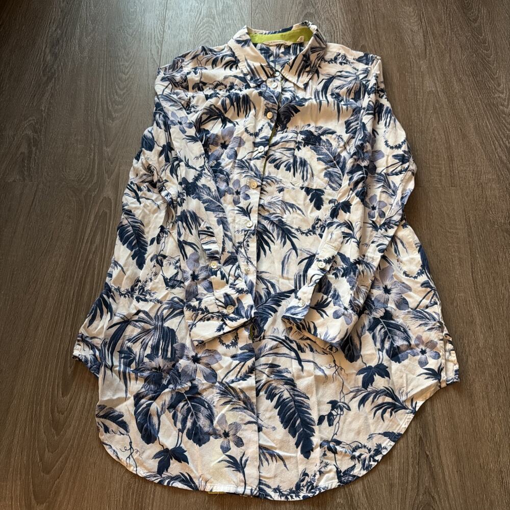 Soft Surroundings Shirt Womens Large Blue Floral Button Up Hi‎ Lo Tunic Top
